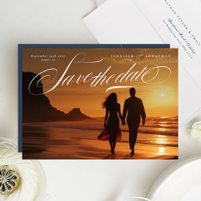 Classy White Script Photo Bröllop Spara Datumet (Skapare uppladdad)