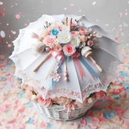 CLASSY WHITE SHOWER UMBRELLA FLOWERS, BABY RATTLE INBJUDNINGAR