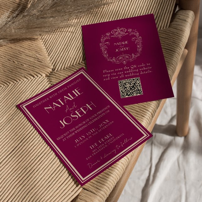 Classy Wine Beige Old Money Luxury QR Code Wedding Inbjudningar (Skapare uppladdad)