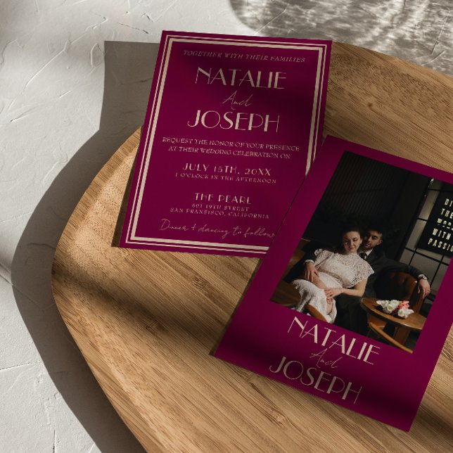 Classy Wine Old Money Luxury Retro Photo Wedding Inbjudningar (Skapare uppladdad)