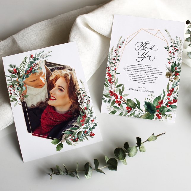 Classy Winter Greenery Red Berries Photo Tack Kort (Skapare uppladdad)