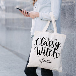Classy Witch Halloween Black Typography Tote Bag Tygkasse
