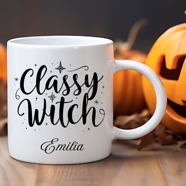 Classy Witch Halloween Namn Black Typography Kaffemugg (Skapare uppladdad)