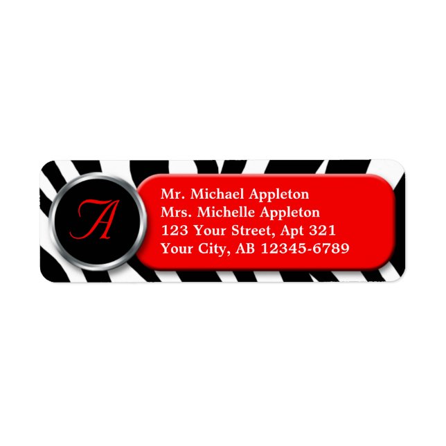 Classy Zebra tryck Red Monogram Adressetiketter Returadress Etikett (Framsidan)