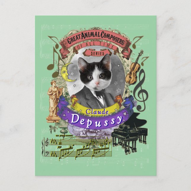 Claude Depussy Funny Cat Animal Composer Debussy Vykort (Framsida)