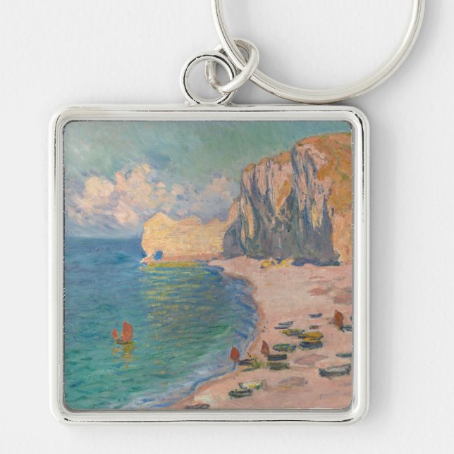 Claude Monet - Etretat: Beach och Falaise d'Bland Fyrkantig Silverfärgad Nyckelring (Framsidan)