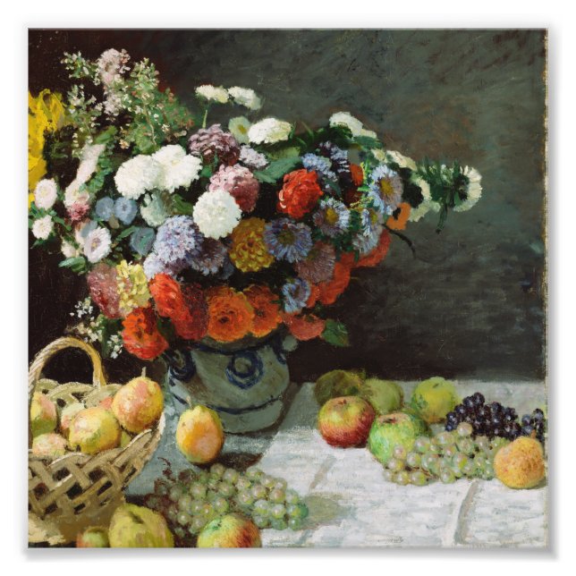 Claude Monet - Fortfarande liv med blommor och fru Fototryck (Framsidan)