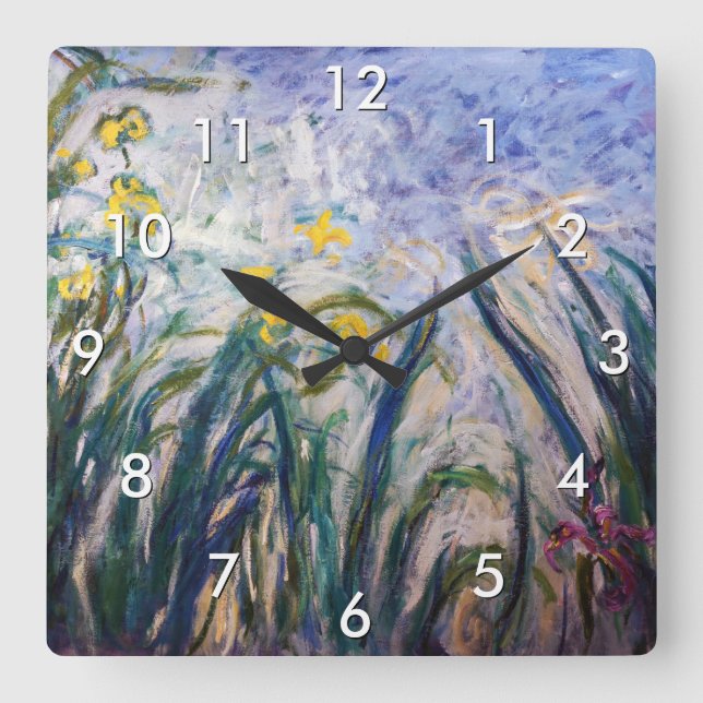 Claude Monet - Gula och lila iris Fyrkantig Klocka (Framsida)