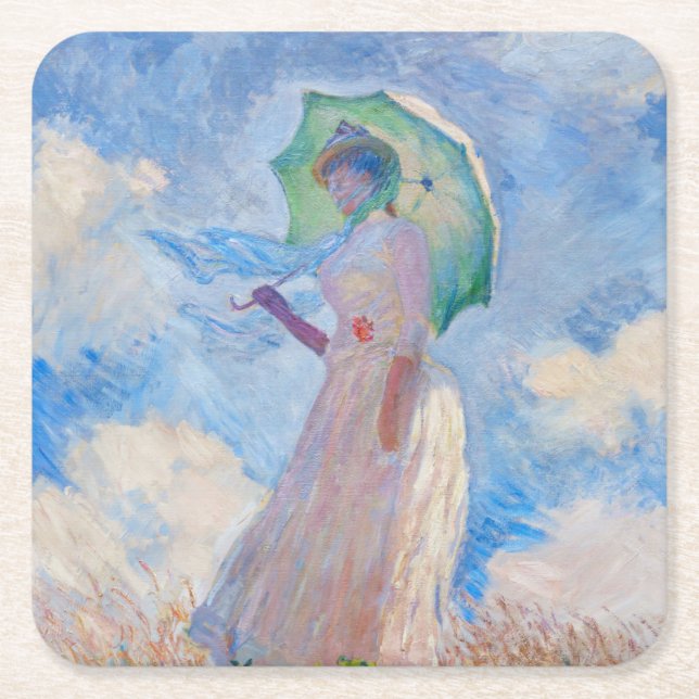 Claude Monet - Kvinna med parasolvänd lämnat Underlägg Papper Kvadrat (Framsidan)
