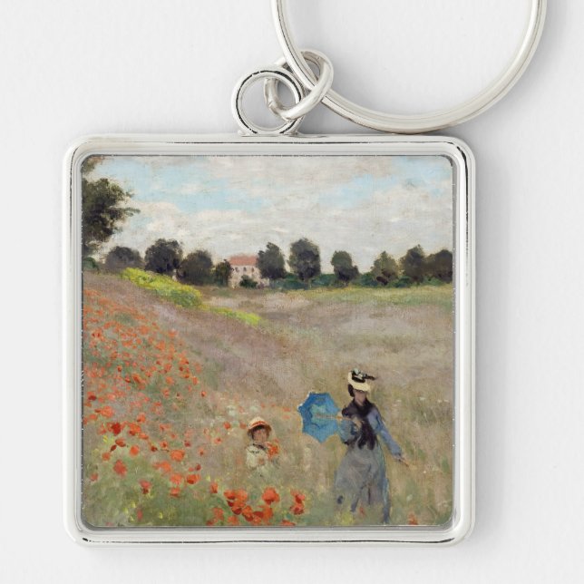 Claude Monet - Poppy Fält Fyrkantig Silverfärgad Nyckelring (Framsidan)