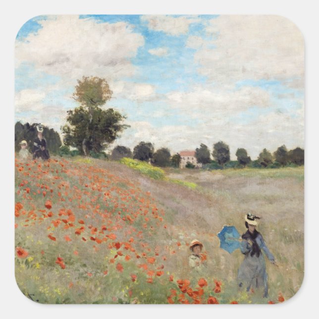 Claude Monet - Poppy Fält Fyrkantigt Klistermärke (Framsida)