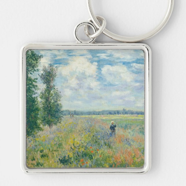 Claude Monet - Poppy Fält nära Argentina (1875) Fyrkantig Silverfärgad Nyckelring (Framsidan)
