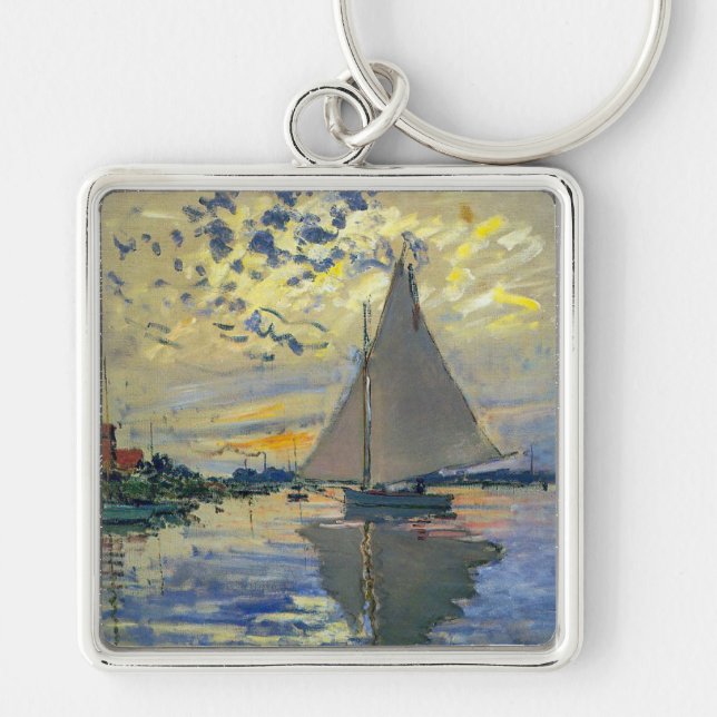 Claude Monet - Segelbåt på Le Petit-Gennevilliers Fyrkantig Silverfärgad Nyckelring (Framsidan)