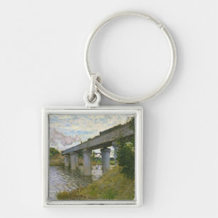 Claude Monet som järnvägen överbryggar på Fyrkantig Silverfärgad Nyckelring