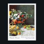 Claude Monet still Life with Flowers and Fruit Vykort<br><div class="desc">Njut av detta vackra konstkort med Fransk Impressionist Claude Monets klassiska stillliv med blommor och frukt,  en oljemålning från hans karriär i tidigt,  1869.</div>