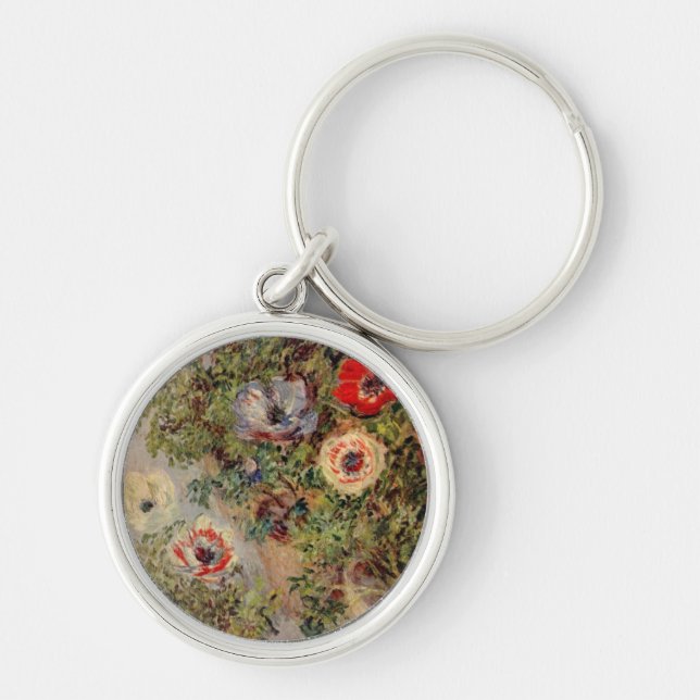 Claude Monet stilleben med anemonödegåvor Rund Silverfärgad Nyckelring (Framsidan)