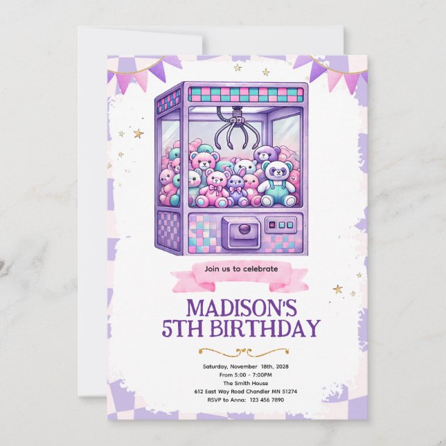 Claw machine arcade party invitation inbjudningar (Framsida)