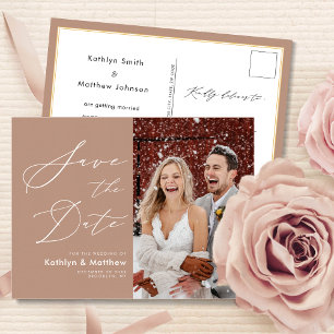 Clay Elegant Script Modern Photo Save Date Meddelande Vykort