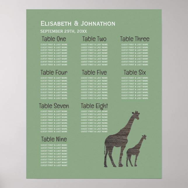 Clay Safari Giraffe, Rustic Bröllop Seating Chart Poster (Framsidan)