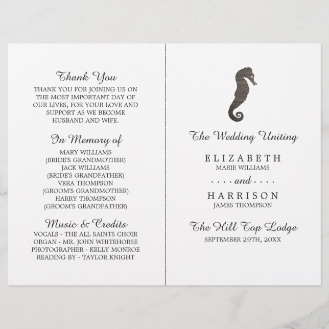 Clay Seahorse Beach Wedding Programme (Framsida)