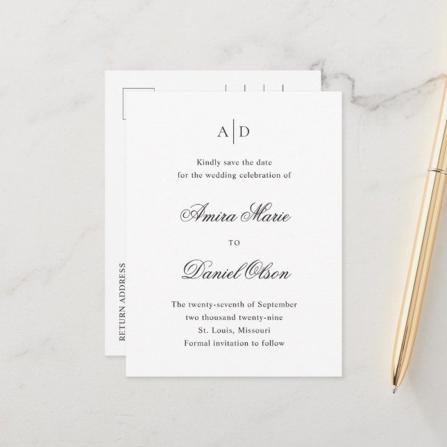 Clean Black and White Bröllop spara datum Meddelande Vykort (Fram/Back In Situ)