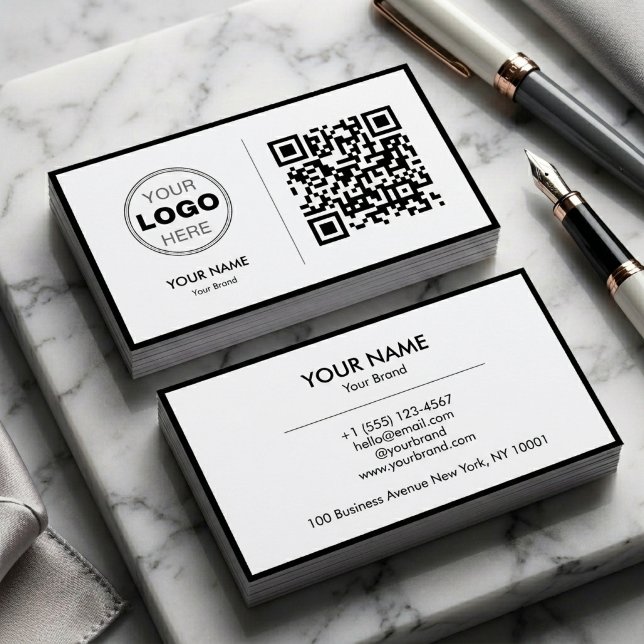 Clean Black White Minimalist QR Code Logo Visitkort (Modern Minimalist Black & White QR Code Business Card)