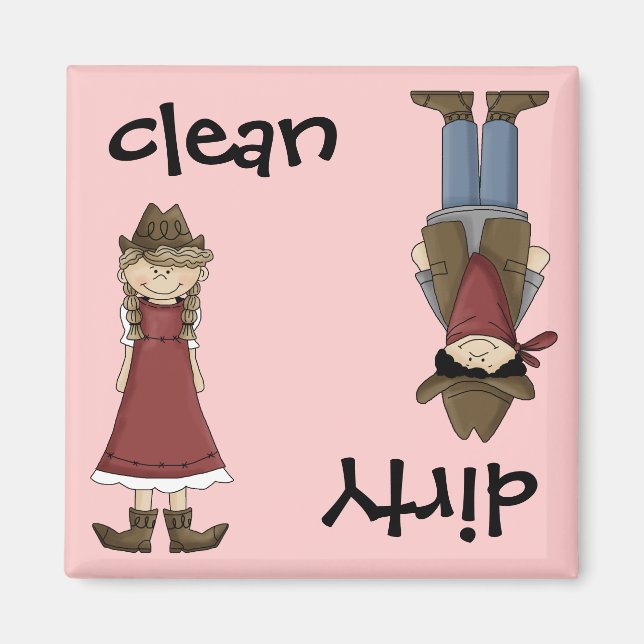 Clean Cowgirl eller Dirty Cowboy Dishwasher Magnet (Framsidan)
