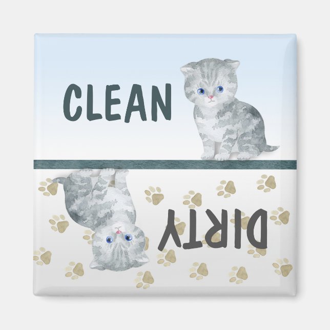 Clean Dirty Cute Kitten Tassavtrycks Dishwasher Magnet (Framsidan)
