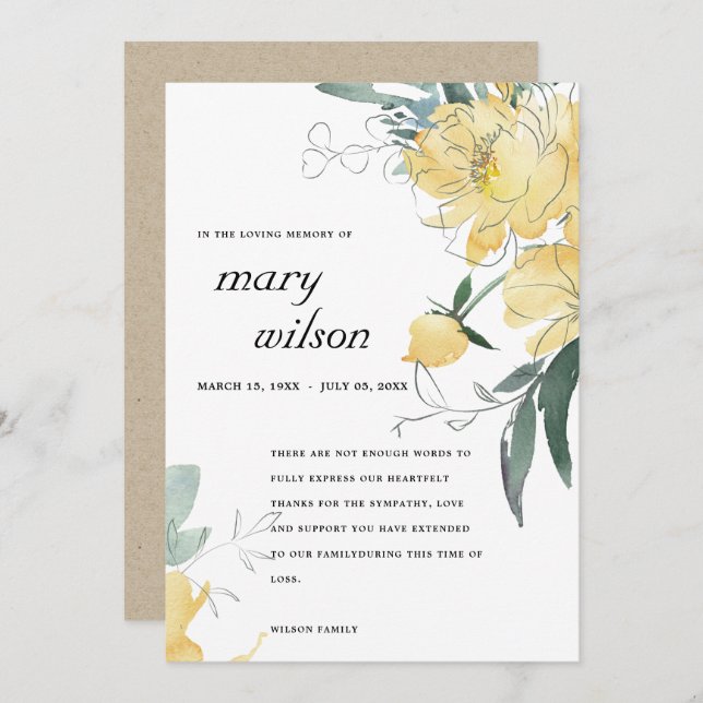 CLEAN GULT GRÖNT BLOMMIGT SYMPATI MEMORIAL TACK KORT (Fram/baksida)