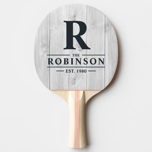 Clean Light Gray Wooden Family Name & Initial Pingisracket (Framsidan)