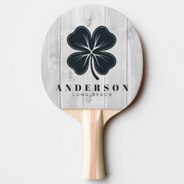 Clean Light Gray Wooden Four Leaf Clover with Name Pingisracket (Baksidan)