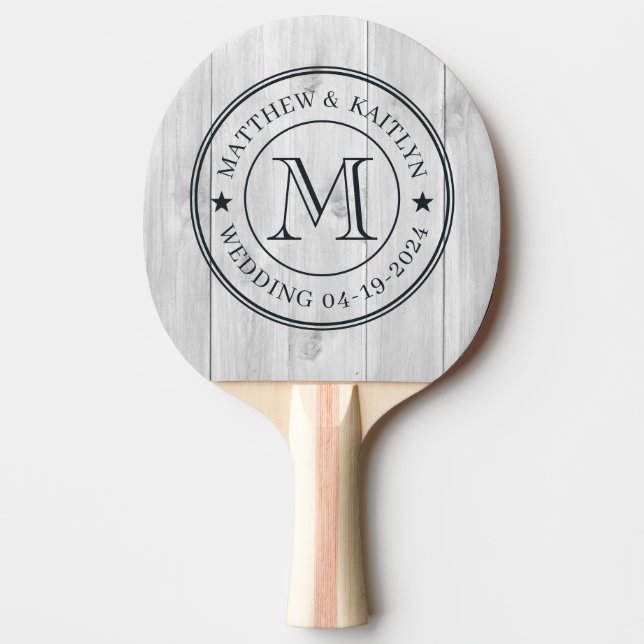 Clean Light Gray Wooden Wedding Monogram Star Pingisracket (Framsidan)