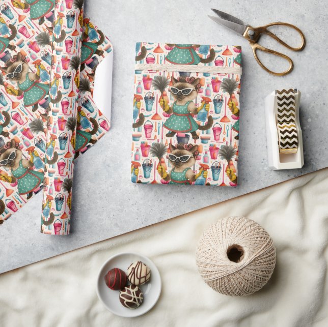 Cleaner House Wife Cat is cleaning the house Presentpapper (Hantverk)