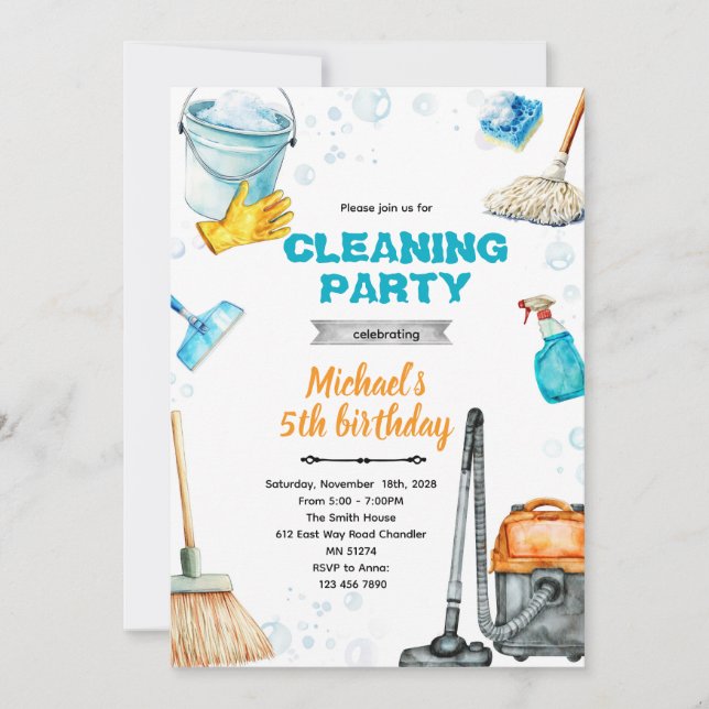 Cleaning birthday party invite inbjudningar (Framsida)