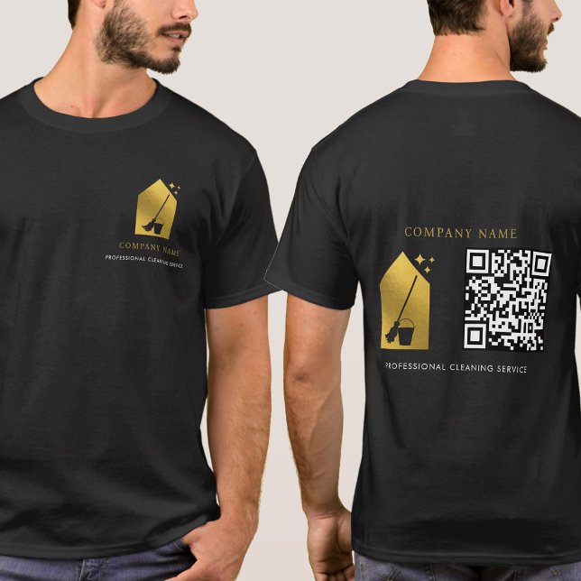 Cleaning Cleaner Service Gold Logo QR Code Black T Shirt (Cleaning Cleaner Service Gold Logo QR Code Black T-Shirt)