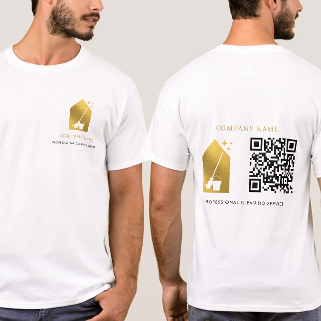 Cleaning Cleaner Service Guld Logotyp QR-kod Vit T Shirt (Cleaning Cleaner Service Gold Logo QR Code White T-Shirt)