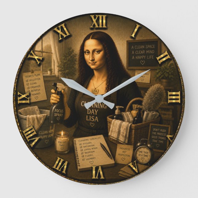 Cleaning Day Funny Mona Lisa Laundry Room Stor Klocka (Framsida)