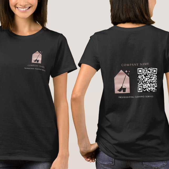 Cleaning Service Rose Gold Logo QR Code Black T Shirt (Cleaning Service Rose Gold Logo QR Code Black T-Shirt)