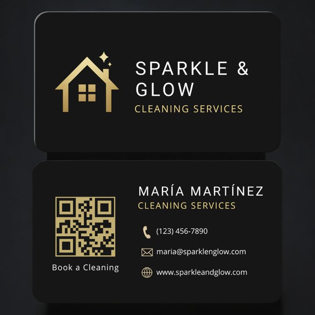 Cleaning Services Black Gold QR Code Professional Visitkort (Skapare uppladdad)