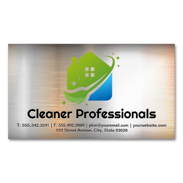 Cleaning Services House Logo | Metal Background Magnetiska Visitkort (Framsida)