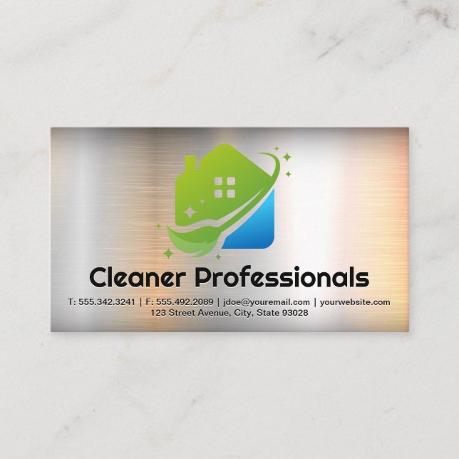 Cleaning Services House Logo | Metal Background Visitkort (Framsida)