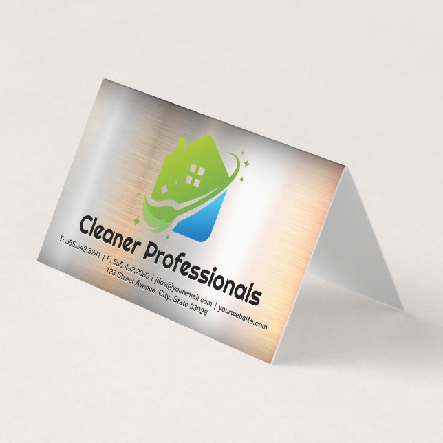 Cleaning Services House Logo | Metal Background Visitkort (Framsida)
