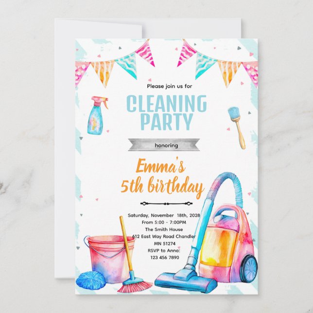 Cleaning theme girl party invitation inbjudningar (Framsida)