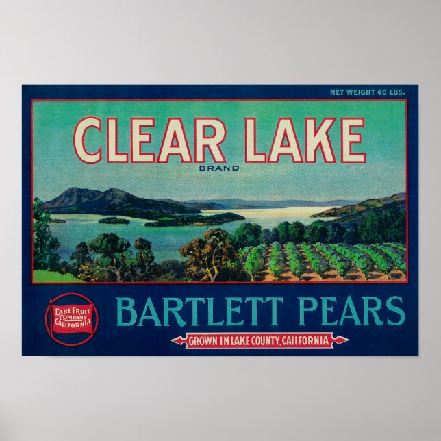 Clear Sjö Pear Låda LabelLake County, CA Poster (Framsidan)
