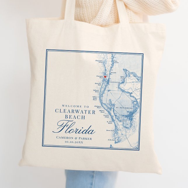 Clearwater Beach FL Blue Bröllop Welcome Tote Bag Tygkasse (Clearwater Beach FL Custom Wedding Tote Bag Welcome Bag in Elegant Navy Blue by Coastal Map Designs)