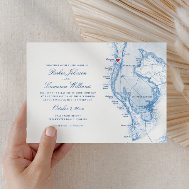 Clearwater Beach FL Karta Elegant Blue Bröllop Inbjudningar (Clearwater Beach FL Map Wedding Invitation in Elegant Navy Blue from Coastal Map Designs )