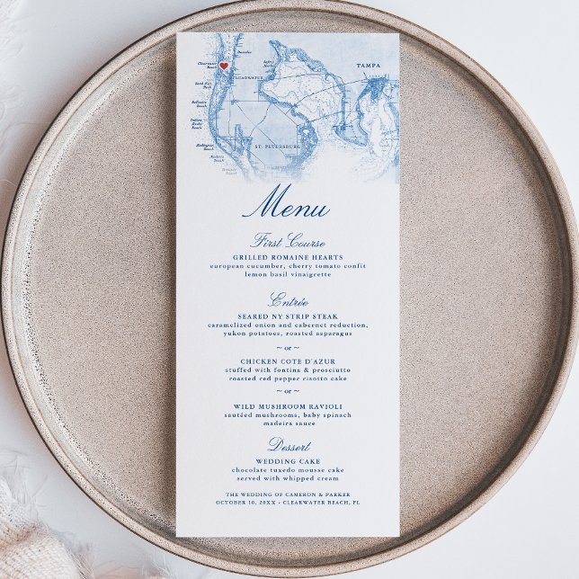 Clearwater Beach FL Karta Elegant Navy Blue Bröllo Meny (Clearwater Beach FL Wedding Menu in Elegant Navy Blue from Coastal Map Designs)