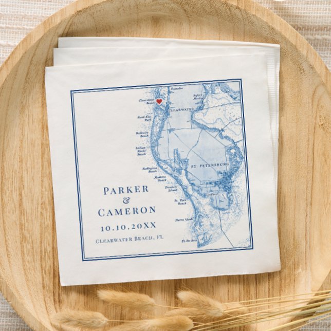 Clearwater Beach FL Karta Elegant Navy Blue Bröllo Pappersservett (Clearwater Beach FL Wedding Cocktail Napkins in Elegant navy blue from Coastal Map Designs)