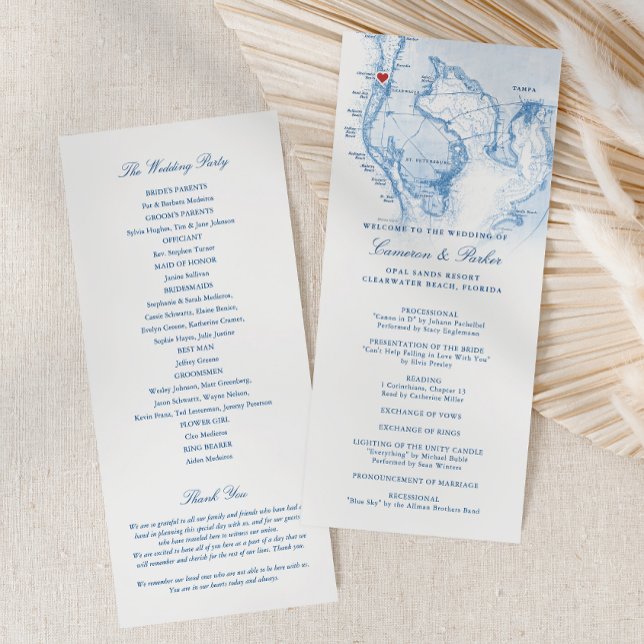 Clearwater Beach FL Karta Elegant Navy Blue Bröllo Program (Clearwater Beach FL Wedding Program in Elegant Navy Blue from Coastal Map Designs)