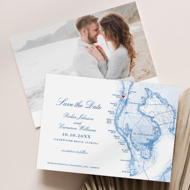 Clearwater Beach FL Karta Elegant Navy Blue Bröllo Spara Datumet (Clearwater Beach FL Map Wedding Save the Date in Elegant Navy Blue from Coastal Map Designs)